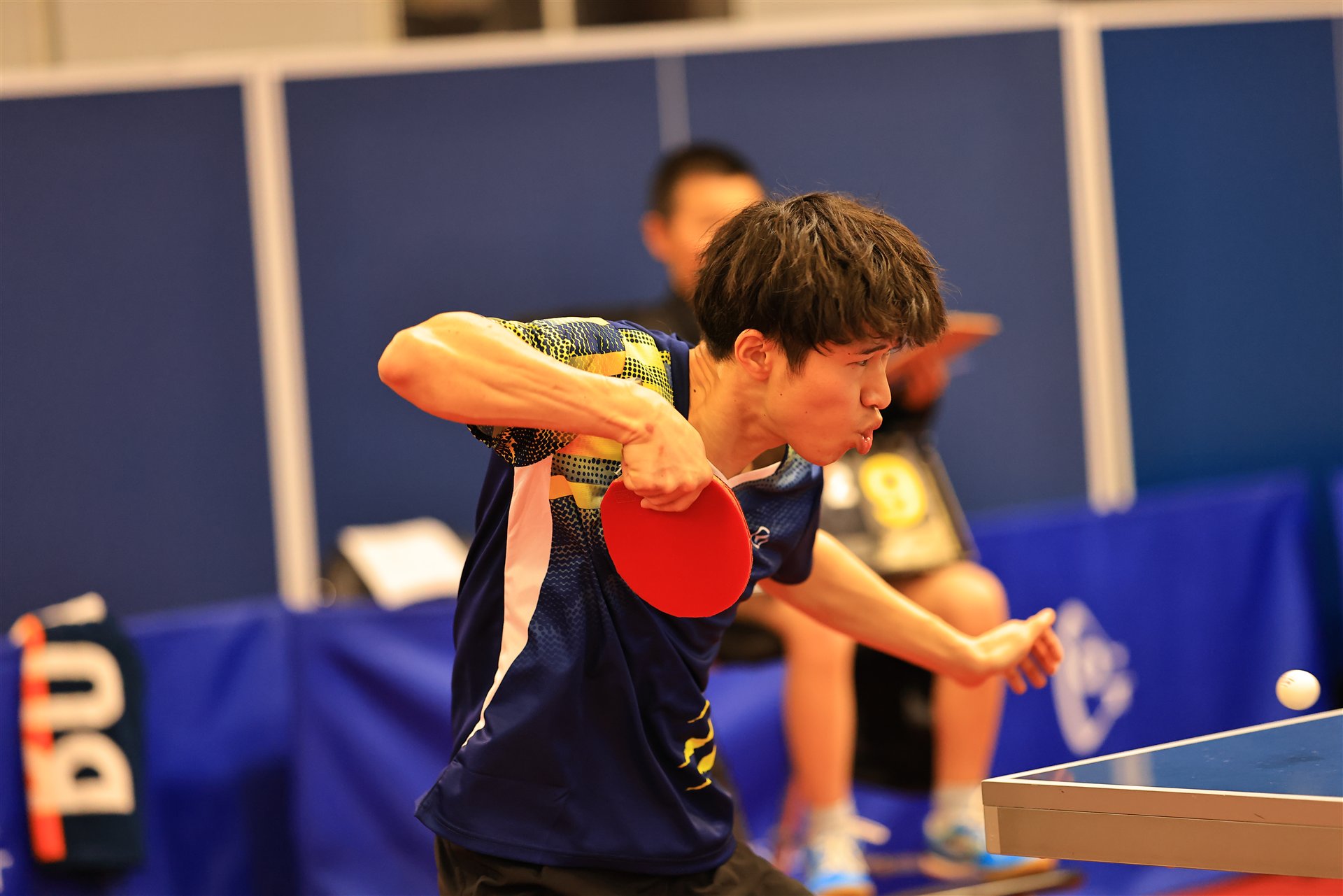 卓球選手が低い姿勢でボールを打つ試合写真